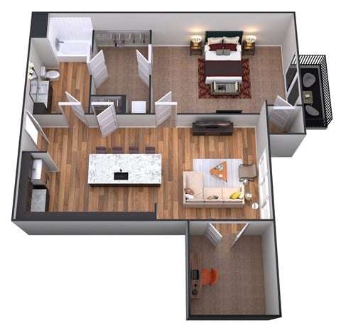 Floor plan for 1 bed, 1 bath, 877 sqft